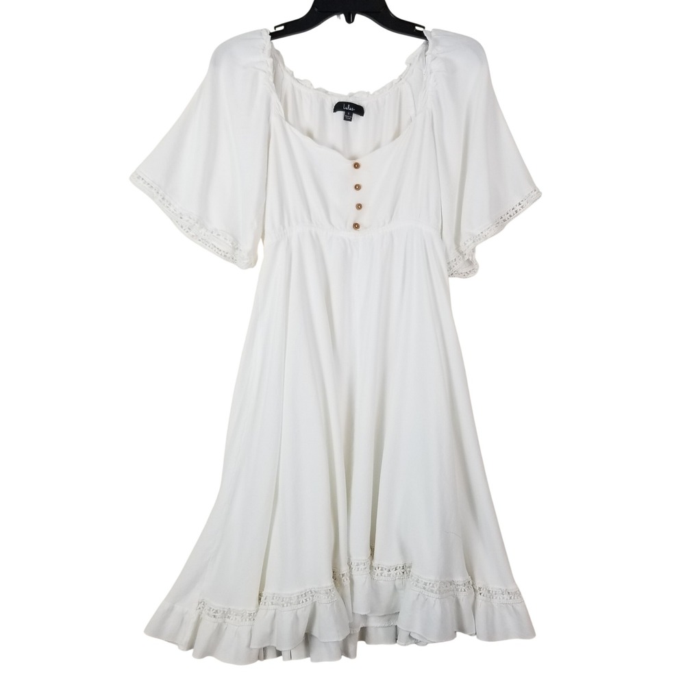 Lulus‎ White Boho Crochet Lace Flutter Sleeve Mini Dress Small Rayon